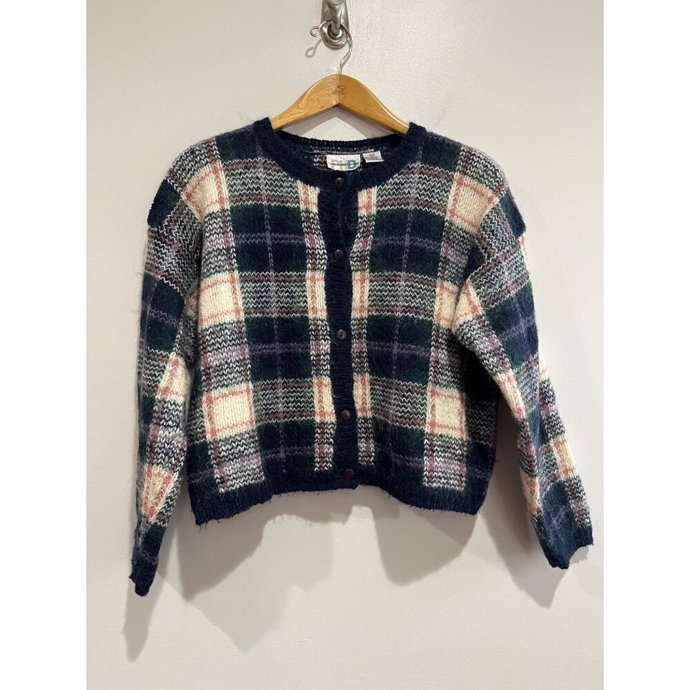 Vintage Paul Harris Design Plaid Mohair Blend Cardigan Sweater Navy 90s